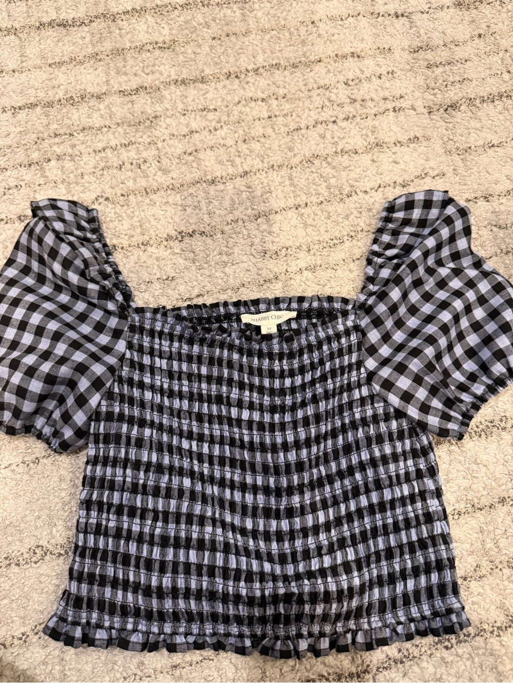 Shabby Chic Black & White Gingham Smocked Puff Sleeve Crop Top